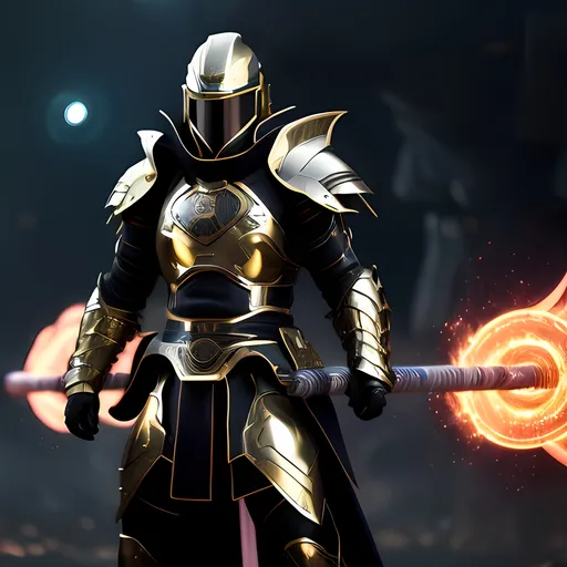 Prompt: Sci-fi armored ninja god, electric aura, fire katana, Apollo's son, dark lightning, futuristic setting, high-tech armor, intense battle stance, cosmic energy, dynamic pose, vibrant colors, detailed metallic textures, highres, futuristic, sci-fi, electric aura, dynamic pose, vibrant colors, intense battle, fire katana, Apollo's son, dark lightning, cosmic energy, high-tech armor, metallic textures