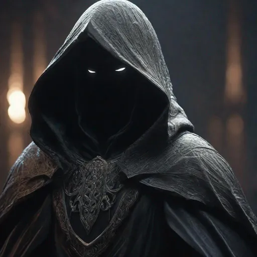 Prompt: Splash art, octane render, ghost, black hooded cloak, faceless,  armored, very detailed clothing, dark fantasy atmosphere, close up, front view