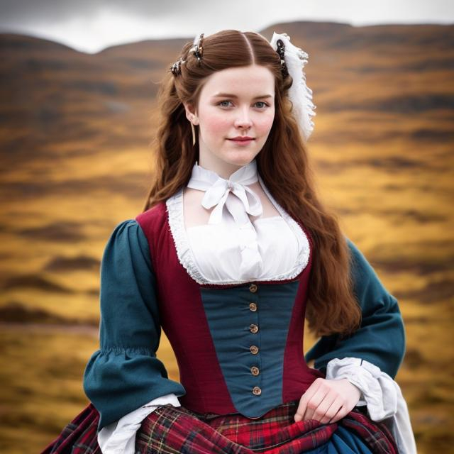 Prompt: Beautiful scottish woman in 1700's clothing in the acottish highlands