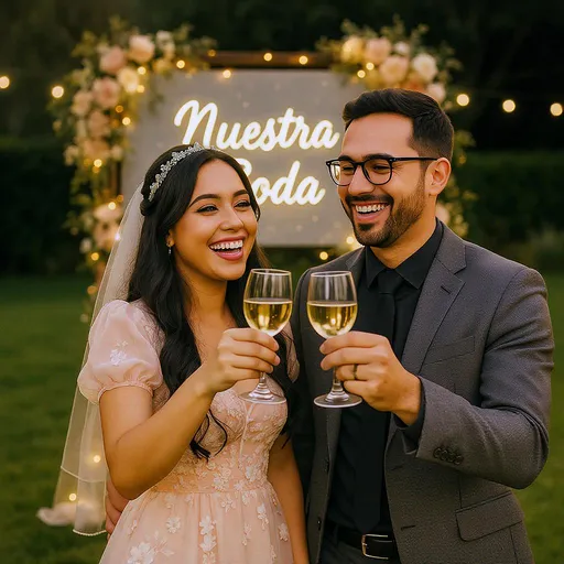 Prompt: In a joyous celebration, a couple stands together, raising their glasses in a toast, radiating happiness and affection. The woman, dressed in a delicate light pink dress adorned with floral patterns, beams with a wide smile, her long, dark hair cascading down her shoulders and complemented by a sparkling headpiece. Next to her, a man exudes charm in a tailored gray blazer over a black shirt, complemented with a sleek tie and stylish glasses, also smiling brightly. The lively atmosphere is enhanced by a beautifully decorated background featuring soft fairy lights and floral arrangements around a sign that reads "Nuestra Boda," suggesting a wedding or special event. The scene is set outdoors on a lush green lawn, illuminated by warm lighting that enhances the intimate and celebratory mood of the moment.