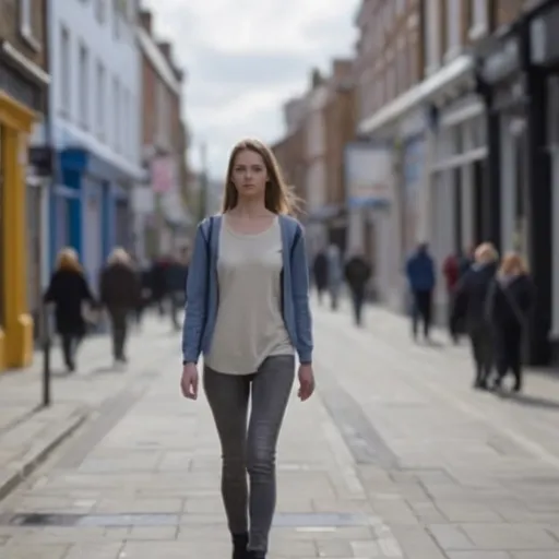 Prompt: Tall young woman walking down the high street, detailed clothing, realistic, natural lighting