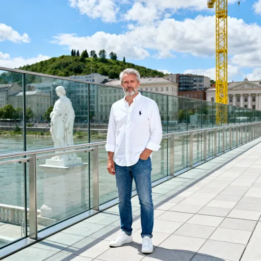 Prompt: This photograph features a middle-aged man standing on a modern glass-walled pedestrian walkway. The man has a light skin tone, short gray hair, and a trimmed beard. He is wearing a white button-up shirt with a small logo on the left chest, blue jeans, and white sneakers. His right hand is casually placed in his pocket, and he is standing with a relaxed posture, looking directly at the camera.

The background reveals an urban landscape with a river flowing through the city. On the left side of the image, there is a prominent white statue on a pedestal, partially visible behind the glass railing. To the right, a tall yellow construction crane is standing against a partly cloudy blue sky. In the distance, there are buildings of varying heights, some with classical architecture, and a green hill with trees at the top. The walkway has a tiled floor and is bordered by transparent glass panels with metal frames. The overall atmosphere is bright and sunny, suggesting it is daytime. The image captures a blend of modern and historic elements, highlighting both the architectural features of the city and the man's casual attire.