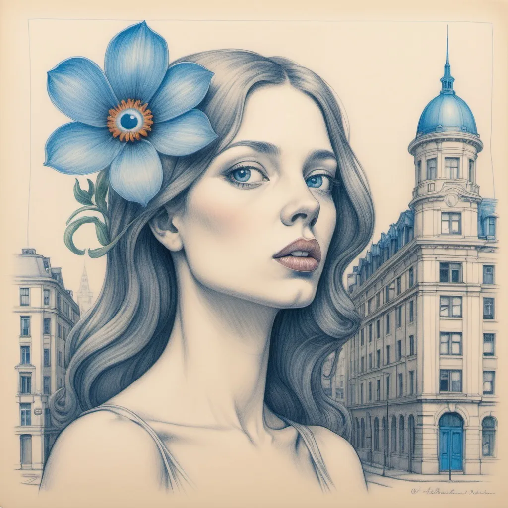 Prompt: a drawing of a woman with a flower in her mouth and a building in the background with a blue eye, Art & Language, figuration libre, art noveau, a color pencil sketch