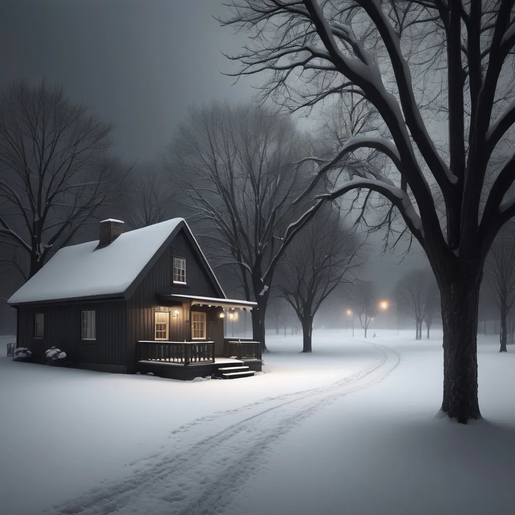 Prompt: A peaceful, quiet, cozy, serene, dark winter day outside nightime
