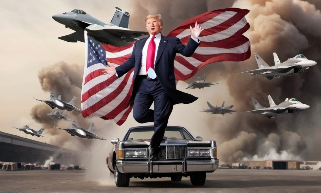 Prompt: change the people to donald trumps and add jets flying in the back and blad egals flying