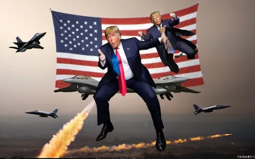 Prompt: change the people to donald trumps and add jets flying in the back and blad egals flying