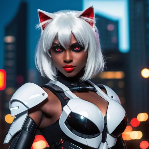 Prompt: Young fluffy Cat, straight white hair with red gradient, long bangs, dark skin tone, long eyelashes, full lips, black gloves, cyber outfit, aiming with her cannon robotic arm, big eyes, one eye visible, eye shadow, white silk hair, pale grey skin, dark cyberpunk city background. Ferocious face. She has feminine curves, an athletic physique, gorgeous face, curves, and dim lighting. In the style of cartoonish fantasy art. High resolution digital artwork. Detailed lines, action-packed cartoons, dnd character, mythology academia, vibrant colors.