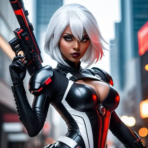 Prompt: Young woman, straight white hair with red gradient, long bangs, dark skin tone, long eyelashes, full lips, black gloves, cyber outfit, aiming with her cannon robotic arm, big eyes, one eye visible, eye shadow, white silk hair, pale grey skin, dark cyberpunk city background. Ferocious face. She has feminine curves, an athletic physique, gorgeous face, curves, and dim lighting. In the style of cartoonish fantasy art. High resolution digital artwork. Detailed lines, action-packed cartoons, dnd character, mythology academia, vibrant colors.