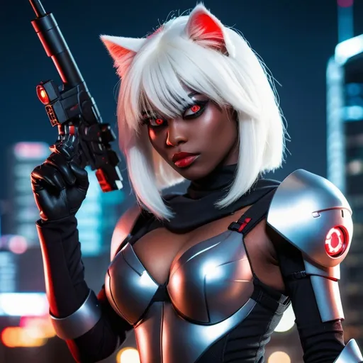 Prompt: Young fluffy Cat, straight white hair with red gradient, long bangs, dark skin tone, long eyelashes, full lips, black gloves, cyber outfit, aiming with her cannon robotic arm, big eyes, one eye visible, eye shadow, white silk hair, pale grey skin, dark cyberpunk city background. Ferocious face. She has feminine curves, an athletic physique, gorgeous face, curves, and dim lighting. In the style of cartoonish fantasy art. High resolution digital artwork. Detailed lines, action-packed cartoons, dnd character, mythology academia, vibrant colors.