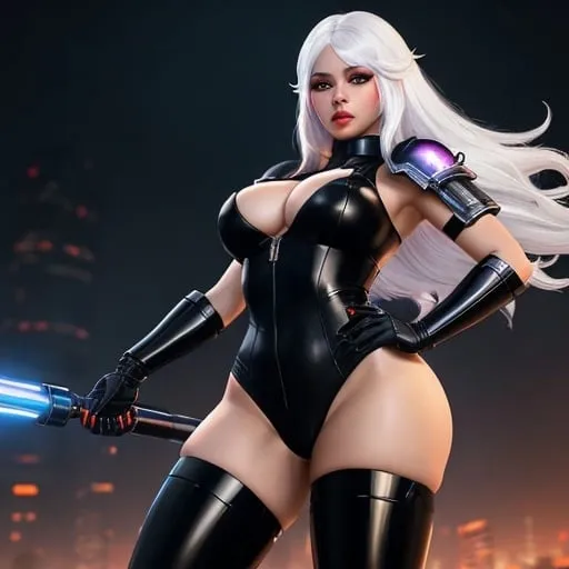 Prompt: Young woman, straight white hair with red gradient, long bangs, dark skin tone, long eyelashes, full lips, black gloves, cyber outfit, aiming with her cannon robotic arm, big eyes, one eye visible, eye shadow, white silk hair, pale grey skin, dark cyberpunk city background. Ferocious face. She has feminine curves, an athletic physique, gorgeous face, curves, and dim lighting. In the style of cartoonish fantasy art. High resolution digital artwork. Detailed lines, action-packed cartoons, dnd character, mythology academia, vibrant colors.