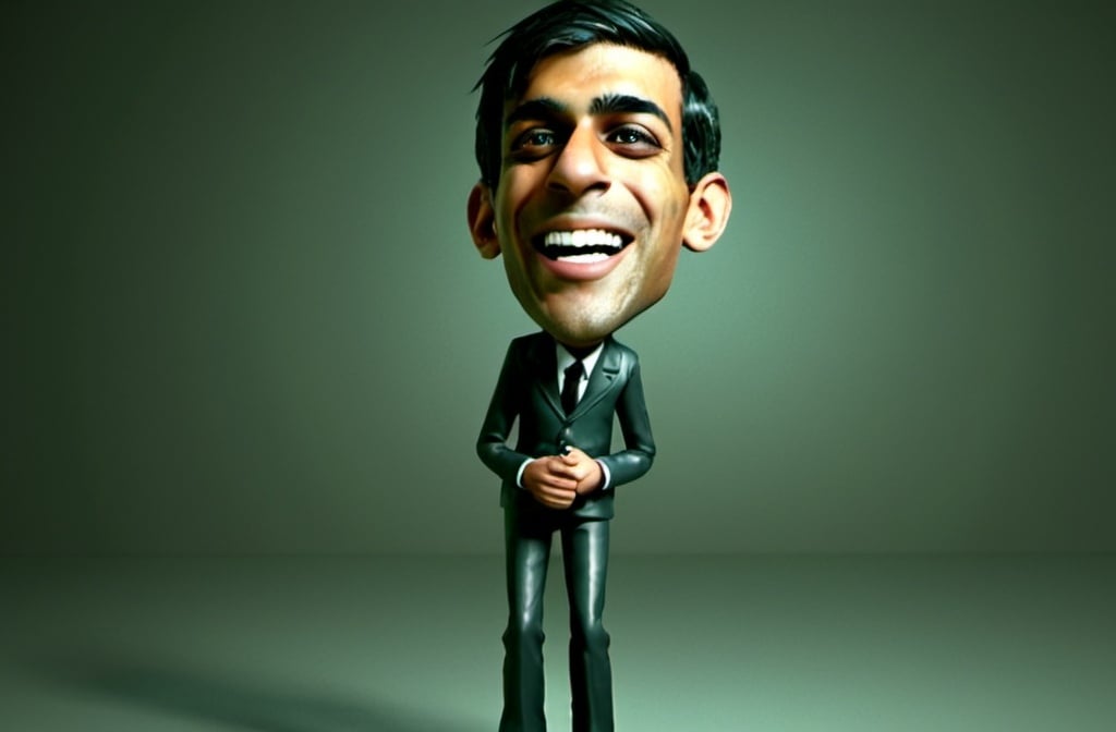 Prompt: 3D Tim Burton-style render of Rishi Sunak, abnormally thin and gangly, manic smile, straight black side parting, full body shot, detailed facial features, exaggerated proportions, dark and eerie atmosphere, high quality, 3D rendering, Tim Burton style, exaggerated proportions, manic smile, detailed facial features, dark and eerie, highres, ultra-detailed, professional, atmospheric lighting