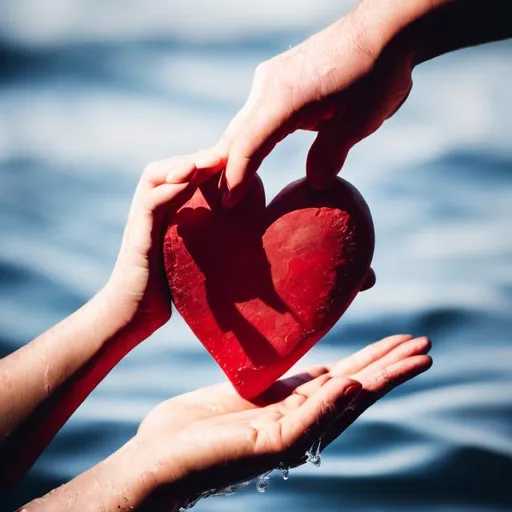 Prompt: a red heart held by two hands and water