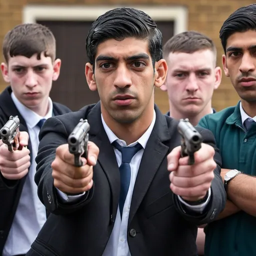 Prompt: a british  chav more british in a gang with guns in a school and rishi sunak as the leader
