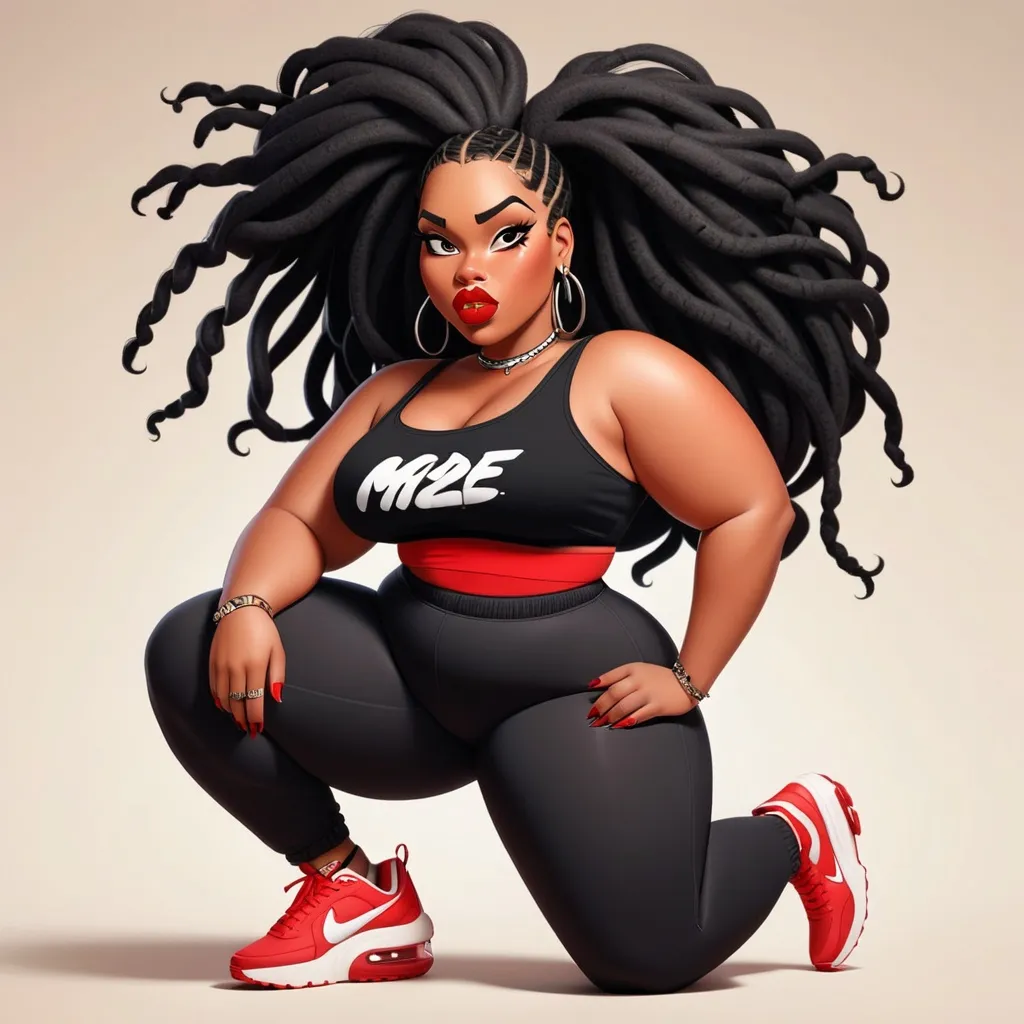 Prompt: A 90s style cartoon drawing of a curvy plus sized black woman with black dreadlocks, full lips, even eyebrows, brown eyes, wearing a black crop top featuring the words “MADE BY JSTYLZ” in a bold font all spelled correctly, black leggings, red and white Nike air max 95s