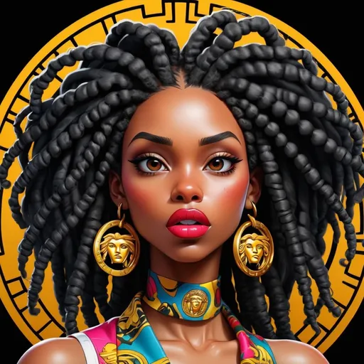 Prompt: create an anime pop art Versace style logo drawing , a black female head with full lips,  dreadlocks, circle around the head