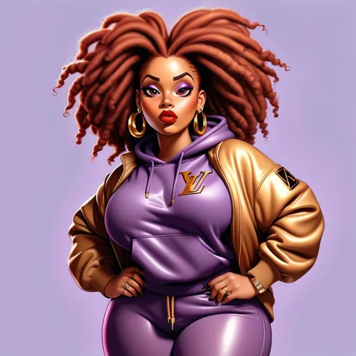 Prompt: A 90s afro futurist pop art style cartoon drawing of a curvy plus sized black woman with mocha colored skin,red dreadlocks, full lips, even eyebrows, brown eyes, chubby waist, wearing a purple Louis Vuitton sweatsuit, purple,black and gold Nike air max 95s