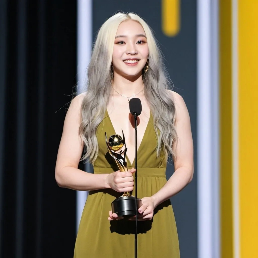 Prompt: Lay-Lay from Vision ZErO at the 2022 MAMA awards talking on stage with her Trophy in one hand and her microphone in the other with a slim body very long white and yellow highlights in her hair and in a olive grey dress her age is 22