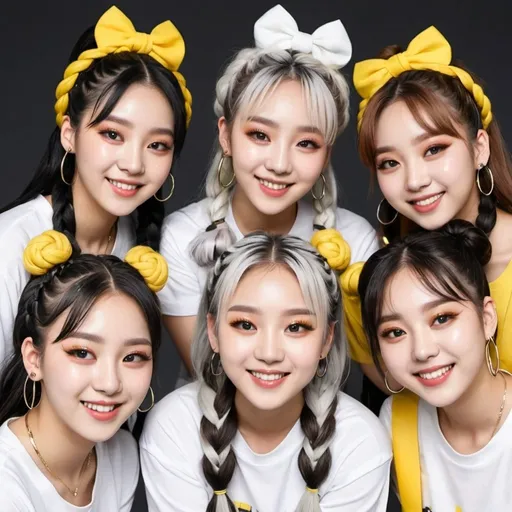 Prompt: Big K-pop girl group called Vision ZErO there are Five of them and they all have grey white brown braided buns and bangs a happy smile, yellow black white olive grey colors, sunny