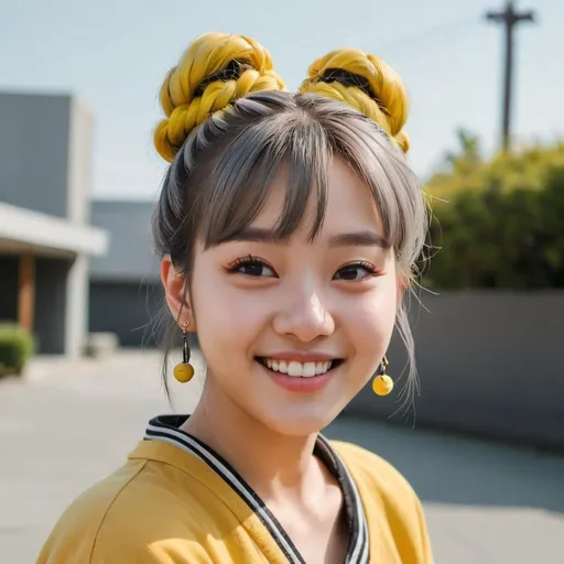 Prompt: 22 year old K-pop girl with grey white brown braided buns and bangs a happy smile, yellow black white olive grey colors, sunny