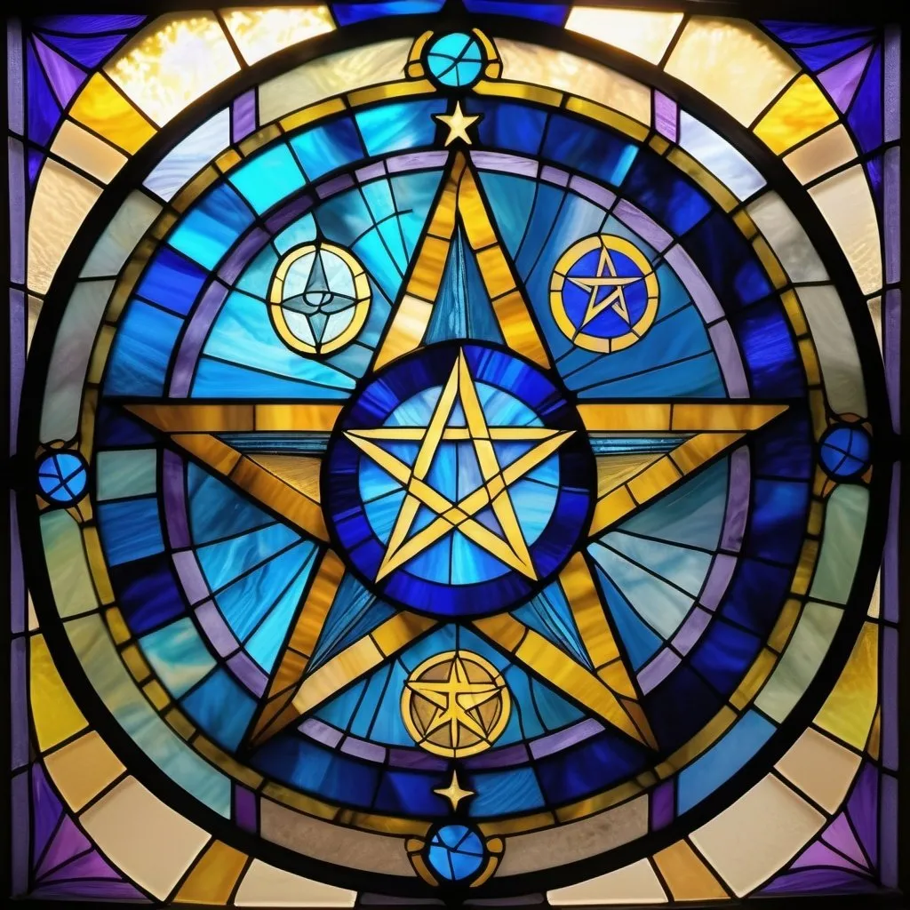 Prompt: A centered big pentagram with a small hexagram above head labeled south, a small earth sign (circle with an equal cross inside) below the pentagram labeled north, a small cross on the left side labeled east, a blue cup on the right side labeled west and a central yinyang sign in the middle within the pentagram in a divinely inspired color matrix