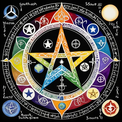 Prompt: A centered big pentagram with a small hexagram above head labeled south, a small earth sign (circle with an equal cross inside) below labeled north, a small cross on the side of the left arm labeled east, a cup on the side of the right arm labeled west and a central yinyang sign in the middle within the pentagram in a divinely inspired color matrix