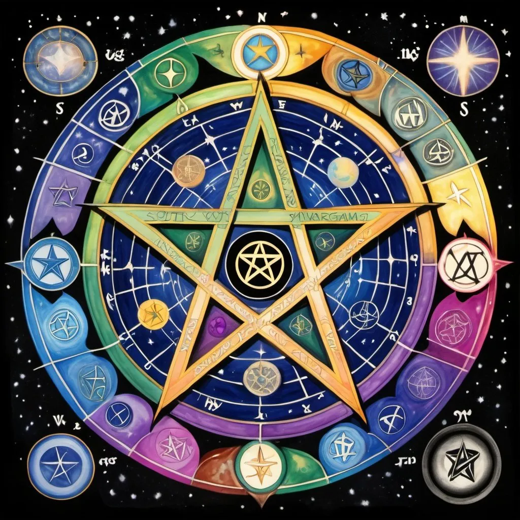 Prompt: A centered big pentagram with a small hexagram above head labeled south, a small earth sign (circle with an equal cross inside) below labeled north, a small cross on the side of the left arm labeled east, a cup on the side of the right arm labeled west and a central yinyang sign in the middle within the pentagram in a divinely inspired color matrix