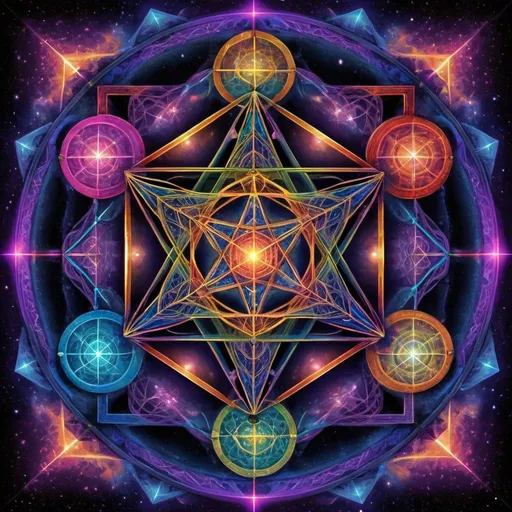 Prompt: Metatron cube with hexagram and cross, mystical colors, sacred geometry, high quality, digital art, vibrant hues, glowing energy, intricate details, spiritual symbolism, cosmic energy, ethereal atmosphere, vibrant aura, sacred geometry, colorful illumination, transcendent art, geometric patterns, vibrant and mystical, divine light, radiant glow, powerful and mystical, spiritual design, cosmic color palette, intricate and divine, geometric harmony, sacred symbols