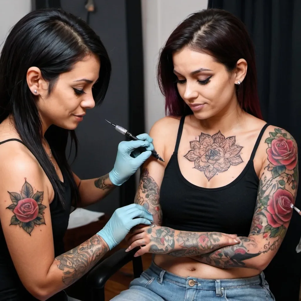 Prompt: A woman tatoo artist  when doing tatoo on client body for instagram profile 