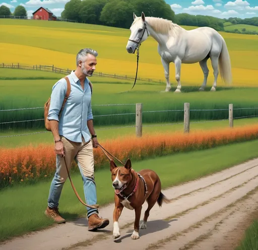 Prompt: a man is walking his dog on a leash near a horse and a fenced in field with a horse, Bedwyr Williams, optical illusion, perfect composition, an album cover