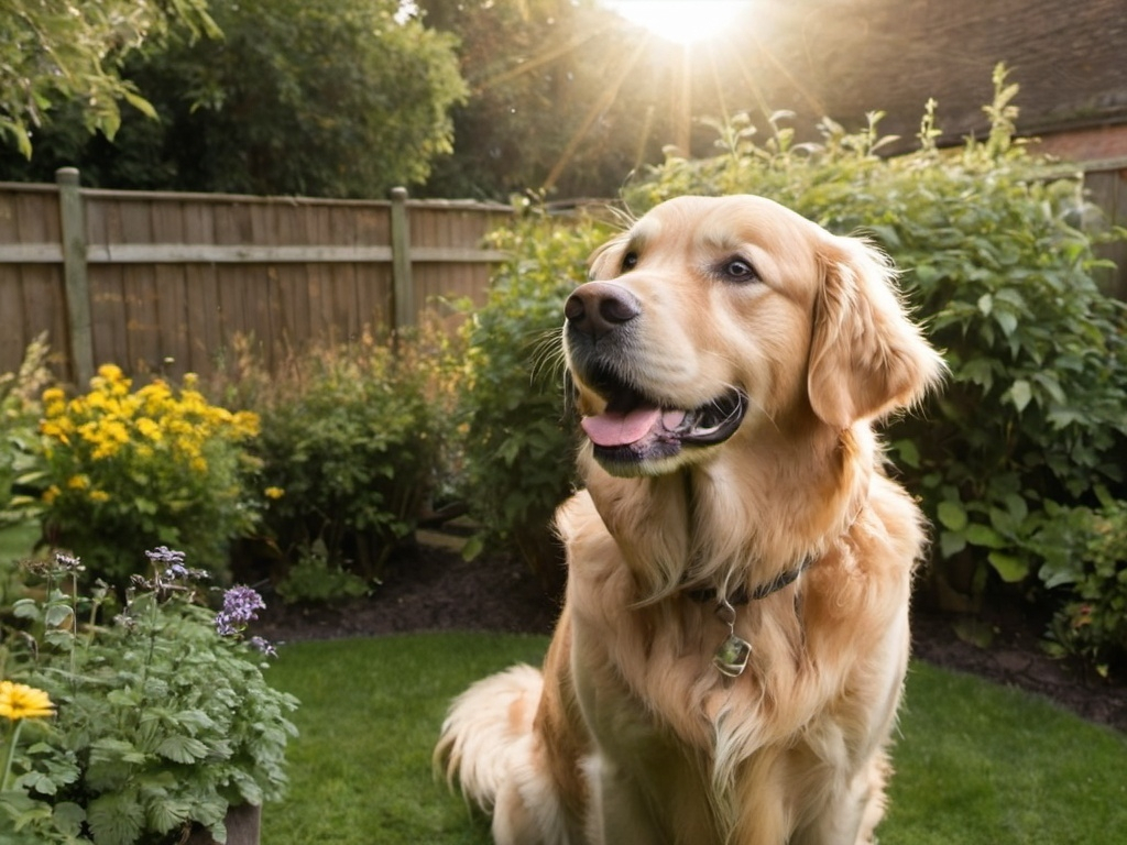 Prompt: A golden retriever in a garden looking up as the sun shines on him