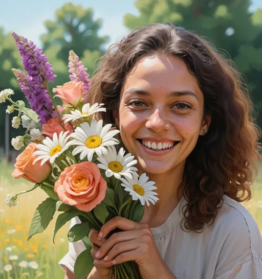 Prompt: a woman holding a bouquet of flowers in her hand and smiling at the camera with a smile on her face, Farel Dalrymple, feminist art, summer vibrancy, a picture