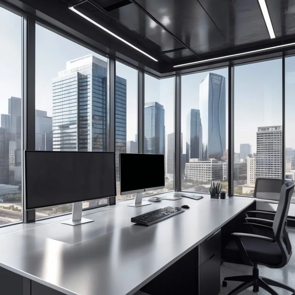 Prompt: Modern corporate office with a sleek computer screen, downtown location, high-rise buildings in the background, professional setting, modern technology, high quality, detailed reflections, architectural design, minimalistic, urban, futuristic, professional lighting, downtown, technology, sleek design, corporate, high tech, minimalistic, professional setting, urban landscape, high quality