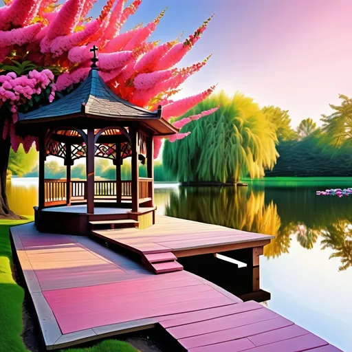 Prompt:  A serene and vibrantly colored garden scene featuring a wooden gazebo with a cross on top, situated on a small pier extending over a calm lake. The gazebo is surrounded by lush, manicured grass, and a profusion of flowers in shades of red, pink, and orange bloom abundantly around the area. A wooden bench is placed under a tree to the left, bathed in the warm glow of sunlight filtering through the leaves. The right side showcases a majestic pink flowering shrubs.