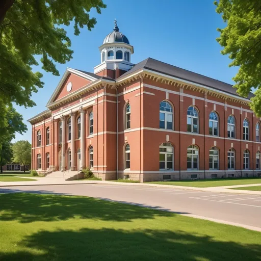 Prompt: Elegant high school building near a city park in a small town, with traditional architecture, brick facade, lush green surroundings, clear blue skies, bright and airy, high quality, detailed, traditional, vibrant colors, natural lighting