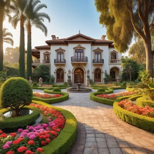 Prompt: Spanish-style mansion in a lush garden park, vibrant flowers, and tall trees, high quality, traditional art, warm tones, soft sunlight, detailed architecture, intricate wrought iron details, sprawling garden, scenic landscape, grandeur, classical, artistic, elegant, traditional, detailed gardens, warm lighting