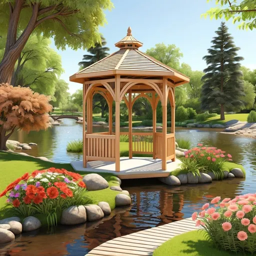 Prompt: a botanical garden park that has a wooden gazebo with flowers and trees near a river.