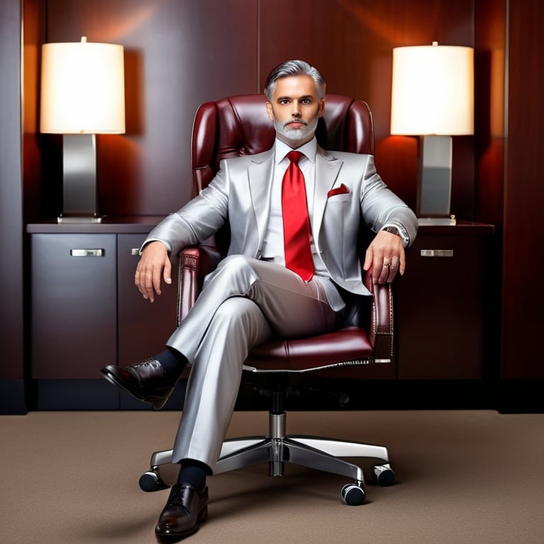 Prompt: A corporate executive with a silver suit and a red tie sitting in a conference room office chair, mahogany wood, luxurious decor, high-end materials, professional setting, high quality, realistic, warm lighting, detailed facial expressions, formal attire, leather upholstery, executive ambiance, polished surfaces, professional, warm tones