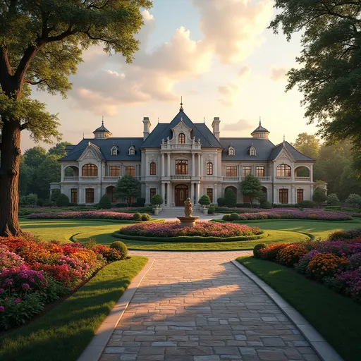 Prompt: an enormous mansion in a gated community, surrounded by vibrant flowers and lush trees, (majestic architecture), (sunset lighting), opulent entrance, manicured lawns, serene atmosphere, luxurious surroundings, tranquility, high-quality details, (HD), picturesque scenery, peaceful ambiance, rich colors of nature, elegant design.