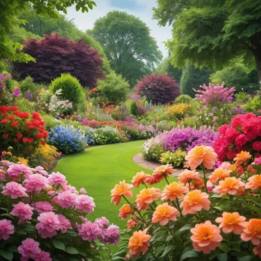 Prompt: Beautiful flower garden photograph, vibrant colors, high quality, detailed petals, lush greenery, natural lighting, realistic, floral beauty, colorful blossoms, scenic landscape, highres, vibrant, detailed, natural, picturesque, floral photography, serene atmosphere