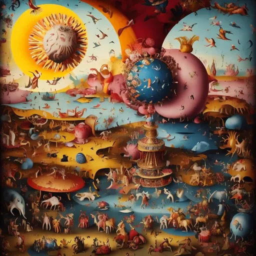 Prompt: “andrew kemp style colorful depiction of the garden of earthly delights vibrant flowers, animals, circus”