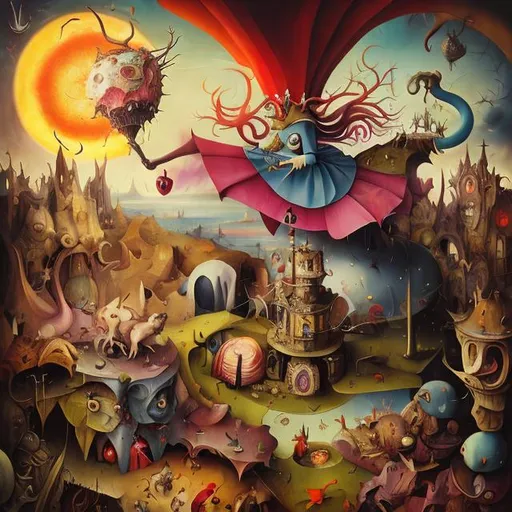 Prompt: Surrealism, vibrant colors, beautiful creature, Hieronymus Bosch style, Alice in Wonderland landscape, sunset, fighting, queen of hearts, detailed, oil painting, vibrant tones, surreal, dreamlike, professional, sunset lighting
