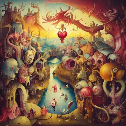 Prompt: Surrealism, vibrant colors, beautiful creature, Hieronymus Bosch style, Alice in Wonderland landscape, sunset, fighting, queen of hearts, detailed, oil painting, vibrant tones, surreal, dreamlike, professional, sunset lighting
