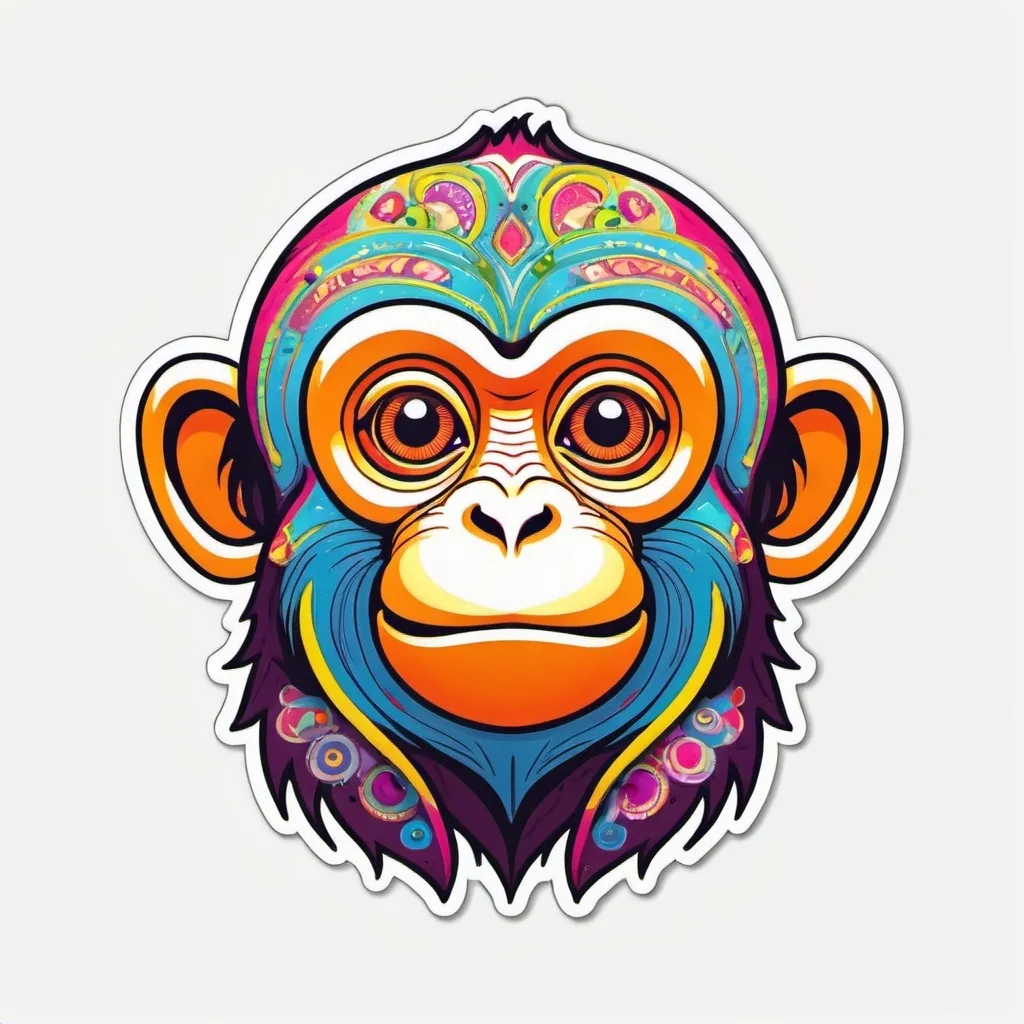 Prompt: Monkey, Sticker, Joyful, Bright Colors, Naive Art Style, Contour, Vector, White Background, Detailed