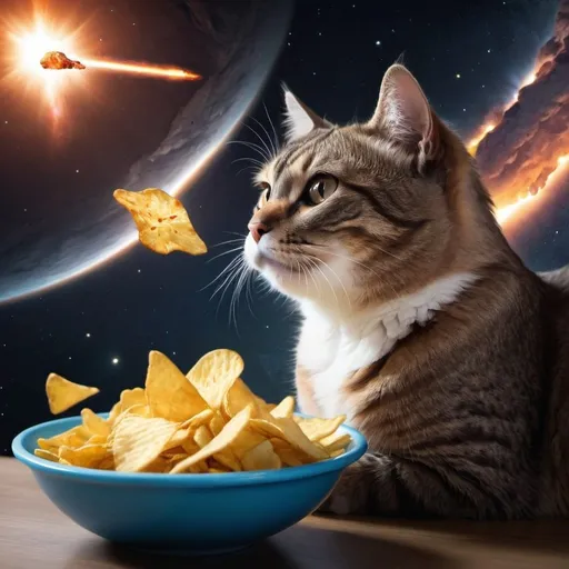 Prompt: a cat that saw a meteor then he eats chips