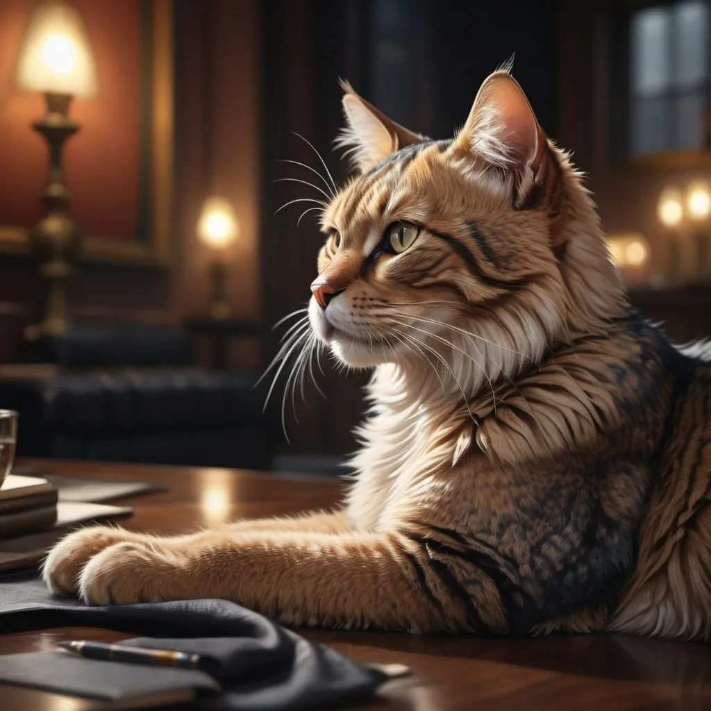 Prompt: Realism style, very cool cat, detailed fur with realistic texture, intense and piercing gaze, sophisticated demeanour, luxurious environment, high quality, detailed, realistic, cool cat, detailed fur, intense gaze, sophisticated, luxurious, realism style, professional, atmospheric lighting