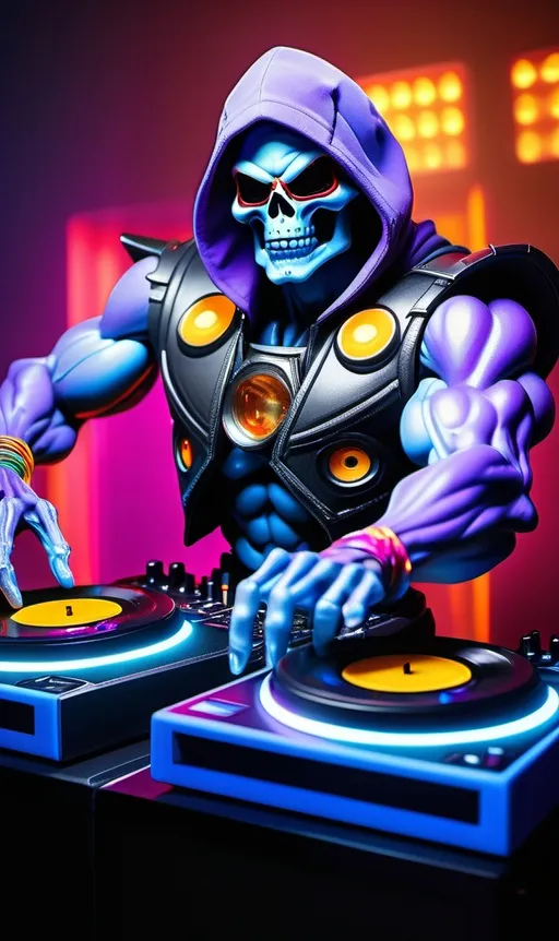 Prompt: Skeletor as a DJ, showcasing fierce energy with technics record players, majestic speakers, vibrant night club atmosphere, colorful lights dancing around him, showcasing bass and rhythm, bold shadow contrasts, electric energy, iconic Skeletor features, wearing stylish DJ attire, ultra-detailed, vivid colors, high quality 4K.