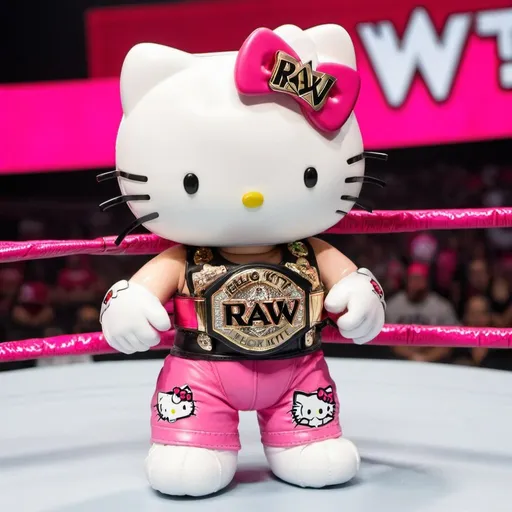 Prompt: Hello Kitty with WWE Raw title belt
