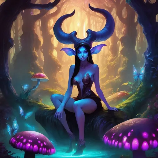 Prompt: Demon girl sitting on a (giant, vibrant mushroom), playful expression, surrounded by (enchanted forest), soft bioluminescent plants, (mystical atmosphere), wearing (dark, elaborate attire), detailed horns and pointed ears, colorful background with glimmers of light, (whimsical), (HD), ultra-detailed, fantasy art style.