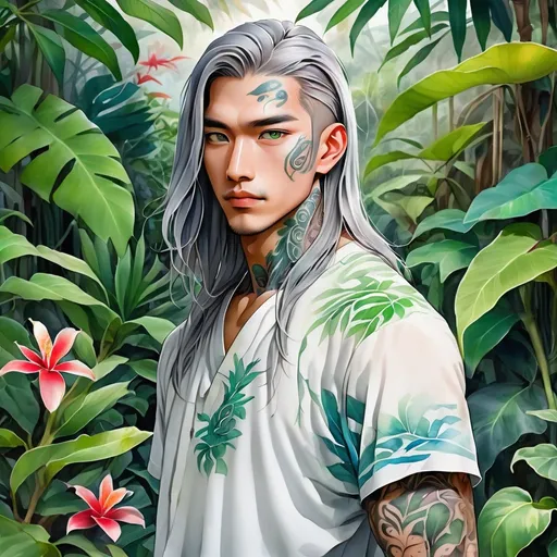 Prompt: digital watercolor painting, a young asian man stands in a large garden full of Tropical plants. He has faded grey colored tribal tattoos all over his body. He has a long blue gray hair, dark green eyes, light brown skin. He is thin.