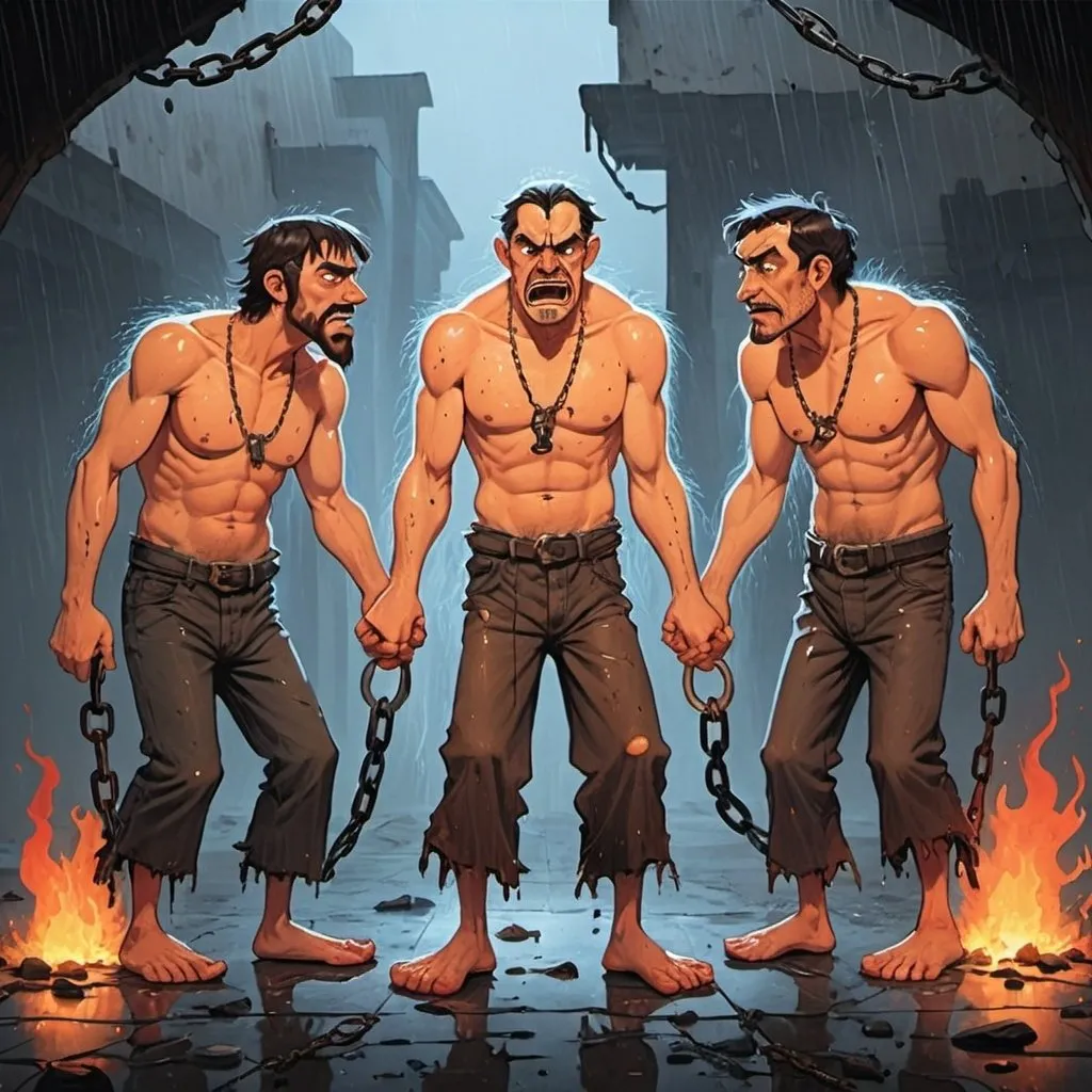 Prompt: three cartoon guys shackled together, wearing torn clothing and no shoes, staring at each other while fire and brimstone rain down